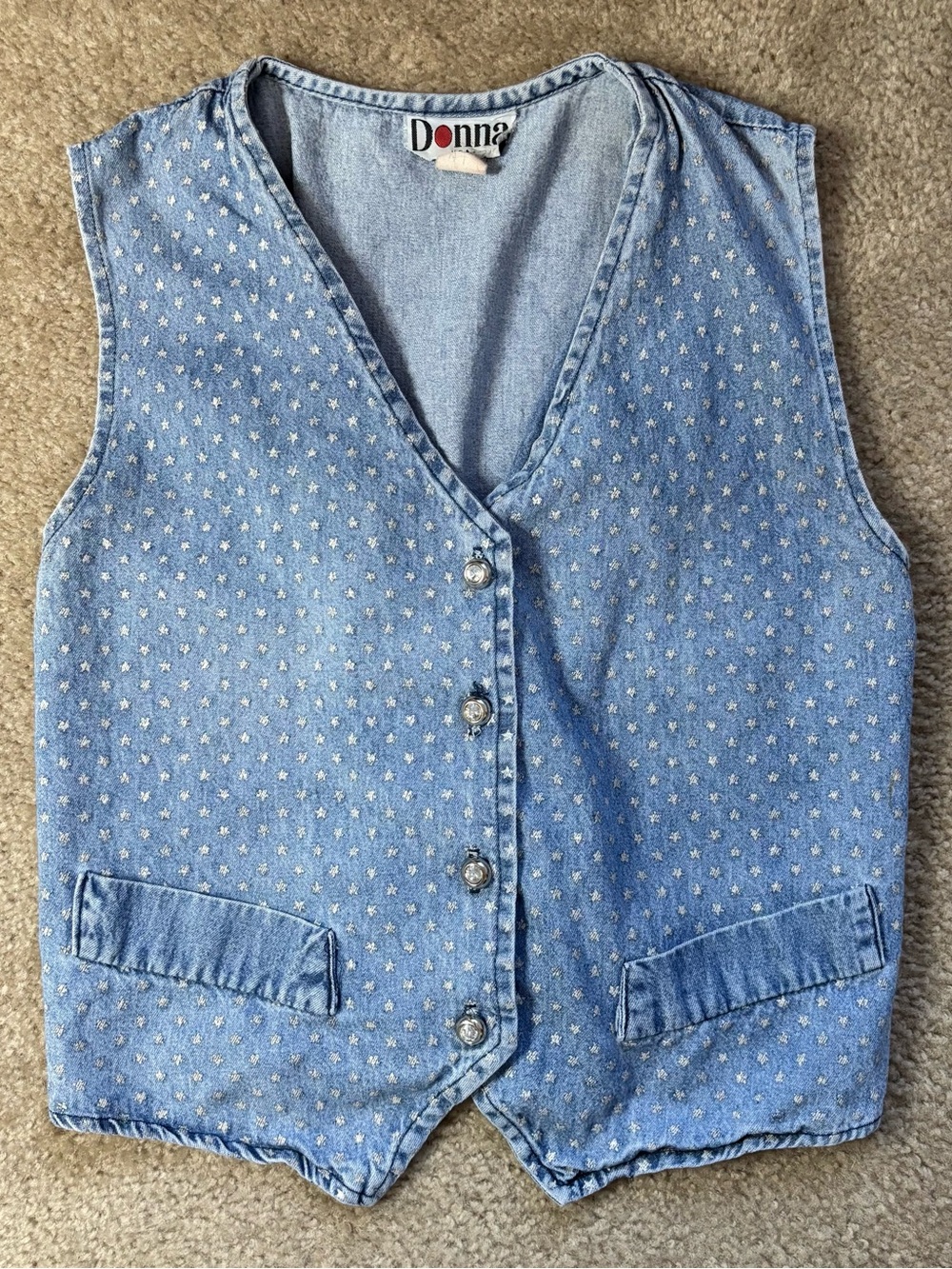 Light Blue Star-Print Denim Button Front Vest